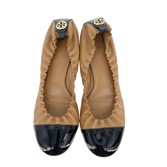 Tory Burch Melinda Cap Toe Ballet Flats Size 11 Tan Leather Black Patent Gold - Picture 1 of 7